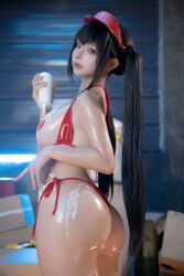 Rule 34 | 1girl, asian, ass, bikini, black hair, box, breasts, cardboard box, chinese (nationality), chunmomo0127, hat, heart pasties, highres, holding, indoors, liquid, long hair, looking at viewer, looking back, mcdonald&#039;s, mcdonald&#039;s bikini, medium breasts, pasties, photo (medium), real life, red bikini, red hat, red heart pasties, red lips, red pasties, shiny skin, standing, swimsuit, twintails