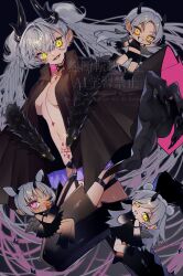 1girl black_hands black_jacket boots breasts colored_extremities fate/grand_order fate_(series) highres horns jacket knee_up kujiraoka lilith_(fate) lilith_(second_ascension)_(fate) long_hair looking_at_viewer navel outstretched_arm pointy_ears pubic_tattoo smile tattoo thigh_boots twintails white_hair yellow_eyes