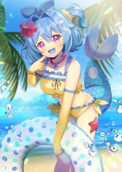 1girl :d bare_shoulders bikini blue_hair blue_sky blue_tongue blurry blurry_background breasts cloud colored_tongue commentary_request commission day depth_of_field elbow_gloves fang fins fish_tail flower frilled_bikini frills gloves groin hair_between_eyes hair_flower hair_intakes hair_ornament hand_up holding holding_swim_ring indie_virtual_youtuber innertube jewelry kou_hiyoyo lazuli_(vtuber) looking_at_viewer medium_breasts necklace ocean one_side_up open_mouth outdoors palm_tree pearl_necklace purple_eyes red_flower skeb_commission sky smile solo star_(symbol) starfish swim_ring swimsuit tail tree virtual_youtuber water_drop yellow_bikini yellow_gloves