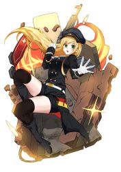 1girl absurdres assault_rifle black_boots black_hat black_jacket black_shorts blonde_hair boots breasts bullet commentary commission fire full_body german_flag girls&#039;_frontline gloves green_eyes gun hand_up hat high_heel_boots high_heels highres jacket long_hair long_sleeves maya_fa medium_breasts name_connection object_namesake open_mouth peaked_cap rifle second-party_source short_shorts shorts simple_background skeb_commission sleeves_past_wrists solo stg44 stg44_(girls&#039;_frontline) thighhighs thighhighs_under_boots very_long_hair weapon white_background white_gloves