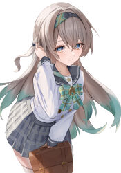 1girl absurdres bag black_hairband blush bow bowtie brown_bag collared_shirt firefly_(honkai:_star_rail) firefly_(spring_missive)_(honkai:_star_rail) gradient_hair green_bow green_bowtie green_pupils grey_hair grey_skirt hair_between_eyes hair_intakes hair_tubes hairband hand_in_own_hair handbag highres holding holding_bag honkai:_star_rail honkai_(series) hoshikemuri long_hair multicolored_eyes multicolored_hair plaid_bow plaid_bowtie plaid_clothes pleated_skirt shirt simple_background skirt smile thighhighs white_background white_shirt white_thighhighs