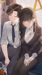 Rule 34 | 1boy, 1girl, absurdres, black hair, blue archive, blue archive the animation, food, hair ornament, hairclip, highres, leonardo 566, no halo, pantyhose, rio (blue archive), sensei (blue archive), sensei (blue archive the animation), sleeping, sweater, turtleneck, turtleneck sweater, white sweater