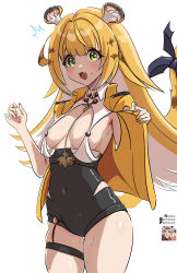 1girl ^^^ absurdres animal_ear_fluff animal_ears areola_slip artom black_shorts blonde_hair breasts commentary_request cosplay covered_navel green_eyes high-waist_shorts highres jacket ju_fufu large_breasts long_hair shorts simple_background solo sweatdrop tail thigh_strap thighs tiger_ears tiger_girl tiger_tail white_background yellow_jacket yi_xuan_(zenless_zone_zero) yi_xuan_(zenless_zone_zero)_(cosplay) zenless_zone_zero