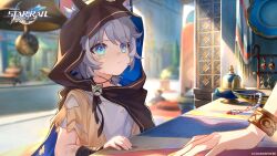 2girls aged_down ancient_greek_clothes animal_ear_fluff animal_ears bell black_cloak blue_cloak blue_eyes bracelet bruise bruise_on_arm bruise_on_face cat_ears choker cipher_(honkai:_star_rail) cloak closed_mouth game_cg gold_blood greco-roman_clothes grey_hair highres honkai:_star_rail honkai_(series) hood hood_up injury jewelry logo looking_at_another multiple_girls necklace official_art out_of_frame shirt short_hair torn_cloak torn_clothes two-sided_fabric white_shirt yellow_nails
