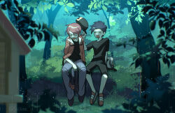 2boys ^_^ ahoge angry black_hair black_pants black_shirt blush capri_pants chueog closed_eyes cosplay costume_switch ethan_(pokemon) forest grass happy hat highres holding holding_jacket holding_unworn_clothes house jacket leaf looking_at_another male_focus multiple_boys nature nintendo open_clothes open_jacket open_mouth pants pokemon pokemon_hgss rain red_hair shirt short_hair silver_(pokemon) sitting tree unworn_hat unworn_headwear unworn_jacket