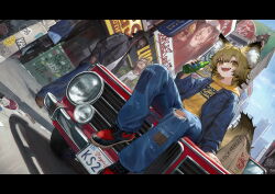 +_+ 1girl animal_ears blonde_hair blue_jacket cat comiket_104 denim drink ebiri_fy fox_ears fox_girl fox_tail highres holding holding_drink hood hoodie jacket jeans open_clothes open_jacket open_mouth original outdoors pants short_hair sitting smile streetwear tail torn_clothes torn_jeans torn_pants yellow_eyes yellow_hoodie