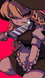 1girl apron black_hat black_skirt black_vest blonde_hair braid commentary_request cookie_(touhou) feet_out_of_frame frilled_apron frills glint hair_between_eyes hat highres holding holding_knife kirisame_marisa knife long_hair looking_at_viewer melanin_shikiso one_eye_closed puffy_short_sleeves puffy_sleeves red_background red_eyes shirt short_sleeves side_braid simple_background single_braid skirt skirt_set solo suzu_(cookie) touhou unusually_open_eyes v-shaped_eyebrows vest waist_apron white_apron white_shirt witch_hat