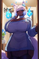 1girl absurdres animal_ears apron ara_ara backlighting black_thighhighs blue_sweater blurry blurry_background breasts closed_eyes curvy dark-skinned_female dark_skin doorway dress english_text esunami_(bakeneko) eyeliner fox_ears fox_tail garter_straps gattles hand_on_own_cheek hand_on_own_face highres hitodama huge_breasts kitsune looking_at_viewer makeup mature_female original parted_lips second-party_source smile solo sweater sweater_dress tail textless_version thick_thighs thighhighs thighs vase white_hair
