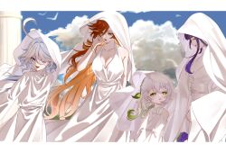 4girls absurdres blue_eyes blue_hair breasts cape closed_eyes commentary_request dress furina_(genshin_impact) genshin_impact gradient_hair green_eyes hair_between_eyes hair_ornament heterochromia highres if0208 japanese_clothes kimono leaf_hair_ornament long_hair long_sleeves mavuika_(genshin_impact) medium_breasts multicolored_hair multiple_girls nahida_(genshin_impact) open_mouth orange_eyes orange_hair pointy_ears purple_hair raiden_shogun streaked_hair symbol-shaped_pupils two-tone_hair veil white_cape white_dress white_hair white_kimono white_veil