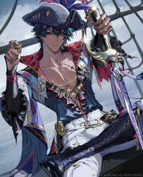 1boy anchor_symbol artist_name blue_jacket boots brant_(wuthering_waves) chadetteisgiga dutch_angle hat highres jacket looking_at_viewer pants pink_eyes pirate pirate_hat solo stomach sword tricorne weapon white_pants wuthering_waves yaoi