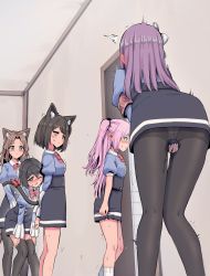 5girls ^^^ animal_ear_fluff animal_ears armband arms_behind_back ass between_legs black_hair black_legwear black_skirt blue_eyes blue_shirt blush bob_cut bow bowtie breasts brown_hair buttons cat_ears cat_girl cat_tail closed_mouth clothes_writing collared_shirt ear_blush embarrassed female_focus frilled_shirt frills from_behind from_side green_eyes hair_intakes hair_ornament hair_tie half-closed_eyes hand_between_legs hands_on_own_thighs have_to_pee high-waist_skirt highres indoors japanese_text juliet_sleeves kneepits knees_together_feet_apart leaning_forward long_hair long_sleeves looking_at_another looking_to_the_side miniskirt multiple_girls nose_blush one_eye_closed open_mouth orange_eyes original panties panties_under_pantyhose pantyhose pee peeing peeing_self pink_hair polly_(rune_(dualhart)) profile puffy_short_sleeves puffy_sleeves purple_hair queue red_bow red_neckwear rita_(rune_(dualhart)) rune_(dualhart) school_uniform shirt shirt_tucked_in short_hair short_sleeves shuriken_hair_ornament sidelocks skirt skirt_hold small_breasts socks standing suri_(rune_(dualhart)) surprised sweat tail tail_bow tail_ornament thalia_(rune_(dualhart)) thighband_pantyhose thighhighs translation_request trembling two_side_up underwear wavy_mouth wet wet_clothes white_legwear white_panties wince yurina_(rune_(dualhart)) zettai_ryouiki