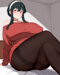 1girl absurdres annrichan arm_support bed black_hair black_pantyhose blush breasts closed_mouth commentary covered_erect_nipples crossed_legs earrings hairband highres huge_breasts indoors jewelry looking_at_viewer mature_female on_bed pantyhose plump red_eyes red_sweater sidelocks sitting smile solo spy_x_family strapless sweater thick_thighs thighs yor_briar