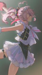 Rule 34 | 1girl, absurdres, ahoge, black corset, black vest, blush, bow, bowtie, closed eyes, closed mouth, commentary, corset, dancing, eyepatch, floating hair, frilled shirt, frilled skirt, frills, gold trim, hair bow, hairband, heart, heart ahoge, highres, idol clothes, kaohom503, leg up, light particles, long hair, maria marionette, multicolored hair, nijisanji, nijisanji en, nijisanji idol uniform, one eye covered, pink hair, pleated skirt, purple hair, shirt, side ponytail, skirt, sleeveless, sleeveless shirt, smile, solo, standing, standing on one leg, streaked hair, symbol-only commentary, thigh strap, tiara, vest, virtual youtuber, white bow, white bowtie, white shirt, white skirt, yellow hairband