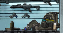 absurdres ammunition_pouch armory assault_rifle backpack bag check_translation chinese_commentary combat_helmet compensator crate explosive fast_helmet g&amp;k-cmdr glock gloves green_background green_gloves green_helmet grenade gun handgun helmet highres laser_sight m4_carbine magazine_(weapon) night_vision_device no_humans optical_sight original pouch rifle rifle_cartridge smoke_grenade still_life suppressor translated translation_request weapon weapon_on_wall