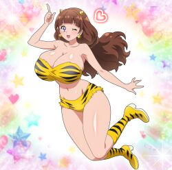 1girl ;d absurdres alternate_breast_size amanogawa_kirara animal_print arm_up armpits bare_shoulders bikini boots breasts brown_hair cleavage collarbone earrings go!_princess_precure highres hitokiwa_kenchin horns huge_breasts jewelry long_hair looking_at_viewer low_twintails lum lum_(cosplay) navel one_eye_closed open_mouth precure purple_eyes smile solo star_(symbol) star_earrings star_symbol_background stomach swimsuit tiger_print tiger_stripes twintails urusei_yatsura