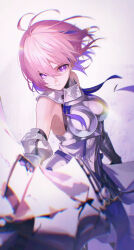 1girl absurdres armor armored_leotard bare_shoulders breastplate breasts collar fate/grand_order fate_(series) faulds fomnant gauntlets hair_over_one_eye highres large_breasts leotard lord_camelot_(fate) mash_kyrielight mash_kyrielight_(paladin) metal_collar pink_hair purple_eyes shield short_hair solo spoilers white_armor