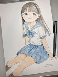 1girl absurdres arm_support art_tools_in_frame artist_name blue_bow blue_bowtie blue_sailor_collar blue_skirt blunt_bangs bow bowtie brown_eyes brown_hair brown_socks closed_mouth dated dutch_angle feet_out_of_frame from_above highres ink_(medium) long_hair looking_at_viewer nagomurasan original pastel_(medium) pen pen_(medium) pleated_skirt sailor_collar school_uniform serafuku shirt signature sitting skirt smile socks solo traditional_media white_shirt