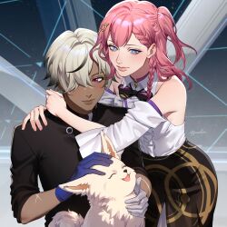 1boy 1girl absurdres arlan_(honkai:_star_rail) asta_(honkai:_star_rail) asymmetrical_gloves bare_shoulders black_bow black_bowtie black_shirt black_skirt blue_eyes blue_gloves bow bowtie braid bright_pupils commentary dark_skin detached_sleeves dog gloves grey_gloves grey_hair highres honkai:_star_rail honkai_(series) hug indoors long_hair long_sleeves mismatched_gloves one_side_up peppy_(honkai:_star_rail) pink_hair purple_eyes rezoeline shirt skirt sleeveless sleeveless_shirt upper_body white_pupils