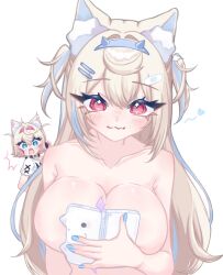 2girls absurdres animal_ears bandaid bandaid_hair_ornament belt belt_collar black_belt black_choker black_collar blonde_hair blue_eyes blue_hair blue_hairband blue_nails blush boobs_in_book_(meme) breasts choker closed_mouth collar collarbone colored_inner_animal_ears commentary dog_ears dog_girl english_commentary fingernails fuwawa_abyssgard hair_intakes hair_ornament hairband hairclip handheld_game_console headphones heart highres holding holding_handheld_game_console hololive hololive_english horn_hairband large_breasts long_hair looking_at_viewer medium_hair meme mococo_abyssgard mococo_abyssgard_(1st_costume) multicolored_hair multiple_girls nail_polish nude off-shoulder_shirt off_shoulder open_mouth perroccino_(fuwamoco) pink_eyes pink_hair pink_hairband pink_nails revision shirt siblings simple_background sisters smile solo_focus streaked_hair surprised twins twitter_username two-tone_hair two_side_up virtual_youtuber white_background white_shirt yamiescupid