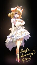 Rule 34 | 1girl, 2022, absurdres, anniversary, breasts, character name, eira woolcot, english text, herd001, highres, hooves, horns, indie virtual youtuber, microphone, sheep girl, sideboob, solo, standing