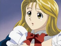 Rule 34 | 00s, 2003, animated, animated gif, blonde hair, breasts, breasts squeezed together, cleavage, grabbing another&#039;s breast, green eyes, groping, huge breasts, large breasts, lowres, nami koishikawa, nami sos!, nipples, open clothes, popped button, sexually suggestive, waitress, wardrobe malfunction