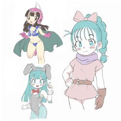 Rule 34 | 2girls, aqua eyes, aqua hair, armor, bikini armor, black eyes, black hair, blush, braid, braided ponytail, bulma, cape, chi-chi (dragon ball), dragon ball, dragon ball (classic), flat chest, gloves, helmet, leotard, long hair, looking at viewer, multiple girls, multiple views, playboy bunny, qtkat, sketch, smile, v