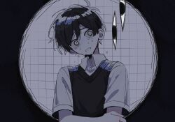 Rule 34 | 1boy, antenna hair, black border, black hair, black sweater vest, border, clenched teeth, collared shirt, crying, crying with eyes open, double-parted bangs, gm70t, grid background, hair behind ear, hair between eyes, hand on own arm, head tilt, highres, looking at viewer, male focus, official alternate eye color, omori, outside border, pale skin, round border, scared, shirt, short hair, short sleeves, simple background, solo, something (omori), sunny (omori), sweater vest, tears, teeth, upper body, very short hair, white background, white eyes, white shirt, wide-eyed