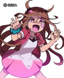 Rule 34 | 1girl, aqua scrunchie, brown eyes, brown hair, claw pose, copyright notice, cropped jacket, dress, facial tattoo, heart, heart necklace, heart tattoo, jacket, jewelry, kagami tina, long hair, looking at viewer, mushiking, necklace, official art, open clothes, open jacket, open mouth, puffy short sleeves, puffy sleeves, red jacket, scrunchie, shin kouchuu ouja mushiking, shirataki, short sleeves, simple background, tattoo, tearing up, two side up, white background