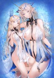 2girls areola_slip asymmetrical_docking bare_shoulders black_collar blonde_hair blue_eyes blue_hair blush breast_press breasts cartethyia_(wuthering_waves) chinese_commentary collar colored_inner_hair commentary crown_of_thorns dual_persona earrings english_commentary fleurdelys_(wuthering_waves) floating_earrings highres horns huge_breasts jewelry large_areolae long_hair long_horns looking_at_viewer medium_breasts mixed-language_commentary multicolored_hair multiple_girls necklace parted_bangs parted_lips pointy_ears sidelocks single_horn tabard tacet_mark_(wuthering_waves) thighs variant_set white_tabard wuthering_waves yellow_horns yusha_m