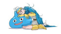 1girl ahoge blue_cape blue_hair boots cape crown dragon_quest dragon_quest_iii dress elbow_gloves gloves hand_on_another&#039;s_head looking_at_viewer red_eyes sage_(dq3) short_dress simple_background sitting slime_(dragon_quest) smile solo uki_atsuya wariza white_background white_dress yellow_boots yellow_gloves