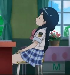 00s 1girl animated animated_gif anime_screenshot bow chair clothes_lift desk etou_mei female_focus from_side gakuen_utopia_manabi_straight! indoors loli lowres pink_bow plaid_clothes plaid_skirt plant school_uniform serafuku sitting skirt skirt_lift solo window