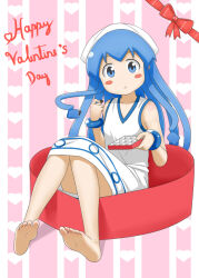 1girl bare_arms bare_shoulders barefoot blue_eyes blue_hair blush blush_stickers bow candy chocolate chocolate_heart closed_mouth collarbone convenient_censoring dot_nose dress eating english_text feet female_focus food full_body greedhollow hat heart heart_(symbol) highres holding holding_candy holding_food ikamusume long_hair looking_at_viewer matching_hair/eyes no_shoes no_socks shinryaku!_ikamusume soles solo squid_girl squid_hat valentine