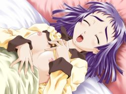 1girl bed blush closed_eyes game_cg maruto! purple_hair watashi_ni_konya_ai_ni_kite yuuki_misago