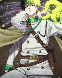 1boy absurdres amulet aristocratic_clothes bag belt black_clover black_hair brown_belt cape cowboy_shot cross expressionless fur-trimmed_collar fur_trim glint glowing glowing_finger glowing_hand gold_buttons green_light hair_between_eyes hand_up highres jacket jewelry limn044 magic male_focus necklace pants royal_robe satchel short_hair shoulder_strap solo sparkle star_(symbol) white_jacket white_pants yellow_eyes yuno_(black_clover)