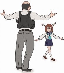 Rule 34 | 1boy, 1girl, antlers, arms up, bald, bane vs. pink guy (meme), baneposting (meme), black footwear, black vest, blue neckerchief, blue sailor collar, blue skirt, brown footwear, closed mouth, crossover, deer antlers, deer girl, female focus, full body, grey pants, horns, kneehighs, lagreko, loafers, long sleeves, looking at another, meme, miniskirt, neckerchief, nichijou, outstretched arms, pants, pleated skirt, principal (nichijou), principal shinonome, sailor collar, school uniform, serafuku, shikanoko noko, shikanoko nokonoko koshitantan, shirt, shoes, simple background, skirt, smile, socks, standing, sweatdrop, vest, white background, white shirt, white socks