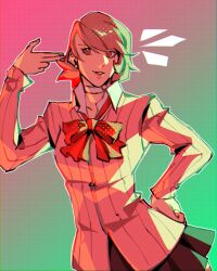 1girl bow bowtie brown_eyes brown_hair cardigan choker crocrubies dotted_background finger_gun finger_gun_to_head gradient_background hand_on_own_hip highres light_smile looking_to_the_side persona persona_3 pink_cardigan red_bow red_bowtie skirt takeba_yukari white_choker