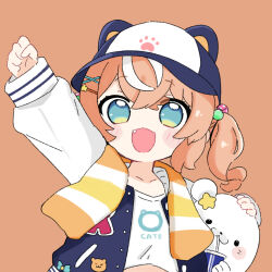 1girl :d animal animal_ears animal_hat arm_up baseball_cap bendy_straw blue_eyes blue_hat blue_jacket blush_stickers brown_background can chibi clenched_hand collarbone commentary drinking_straw fake_animal_ears fang hair_between_eyes hair_bobbles hair_ornament hairclip hat holding holding_can igarashi_rika jacket long_sleeves looking_at_viewer multicolored_hair nijisanji nozo_(hitomiz) open_clothes open_jacket open_mouth puffy_long_sleeves puffy_sleeves seal_(animal) shirt side_ponytail simple_background sleeves_past_wrists smile solo star_(symbol) star_hair_ornament streaked_hair upper_body virtual_youtuber white_hair white_shirt x_hair_ornament