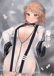 &gt;_&lt; 1girl :q black_choker blush breasts brown_eyes brown_hair choker commentary_request gloves hand_on_own_hip headgear highres holding kantai_collection large_breasts looking_at_viewer naked_raincoat outdoors rain raincoat richard_p._leary_(kancolle) richard_p._leary_(rainy_season)_(kancolle) see-through_clothes shin_(new) short_hair sky teruterubouzu thigh_strap tongue tongue_out wet wet_clothes wet_hair white_gloves
