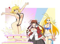 ahoge anger_vein antenna_hair birthday_cake black_ribbon black_skirt black_slingshot_swimsuit blonde_hair blue_eyes blue_shirt blunt_bangs blush breasts brown_hair cake cleavage food food_on_head green_eyes hair_ribbon happy_birthday heart heterochromia highres large_breasts medium_hair midriff object_on_head one_eye_closed open_mouth outstretched_arms red_shawl ribbon ryoubi_(senran_kagura) ryouna_(senran_kagura) senran_kagura senran_kagura_new_wave senran_kagura_shinovi_versus shawl shirt short_shorts shorts sidelocks skirt slingshot_swimsuit surprised swimsuit thigh_strap tied_shirt white_shirt white_shorts yoshimitsu_(senran_kagura) yui_(jisatsu)