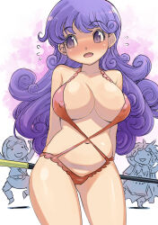 1980s_(style) 1girl 2boys areola_slip averting_eyes blush covered_erect_nipples curly_hair dragon_quest dragon_quest_ii eyelashes flying_sweatdrops highres long_hair multiple_boys muramasa_mikado navel oldschool one-piece_swimsuit prince_of_lorasia prince_of_samantoria princess_of_moonbrook purple_eyes purple_hair red_one-piece_swimsuit revealing_swimsuit_(dq) solo_focus staff swimsuit thighs