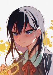 1girl absurdres bang_dream! bang_dream!_it&#039;s_mygo!!!!! black_hair chinese_commentary commentary_request crying crying_with_eyes_open cx6lc0 hair_between_eyes highres instrument long_hair mole mole_under_eye neck_ribbon purple_eyes red_ribbon ribbon shiina_taki solo tears trumpet upper_body white_background