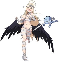 1boy 1girl alternate_costume doodle_sensei_(blue_archive) ayumu_(blue_archive) bandaged_arm bandaged_foot bandaged_hand bandaged_head bandaged_leg bandaged_neck bandages black_wings blonde_hair blue_archive blue_skin blush breasts closed_eyes colored_skin commentary_request dot_nose feathered_wings fleeing flying_teardrops full_body girly_running halloween_costume halo highres large_breasts long_hair momomatang mouth_hold naked_bandage navel open_mouth patchwork_skin running running_towards_viewer sensei_(blue_archive) simple_background stitched_face stitched_hand stitched_leg stitches tears very_long_hair wavy_mouth white_background wings