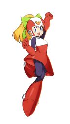 absurdres alternate_costume android armored_boots artist_name black_bodysuit black_thighhighs blonde_hair blue_eyes bodysuit boots capcom elbow_gloves gloves green_ribbon hair_ribbon hand_up headphones heart heart_ornament helmet highres joints knee_boots long_hair long_sleeves looking_at_viewer mechanical_boots mega_man_(series) mega_man_x_(series) mega_man_x_dive miniskirt official_alternate_costume ponytail red_gloves red_skirt ribbon robot_girl robot_joints roll_(mega_man) simple_background skirt smile thighhighs two-tone_skirt white_background white_skirt