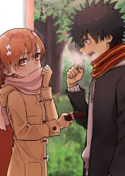 1boy 1girl a_certain_high_school_uniform aic_oekaki arm_at_side averting_eyes black_eyes black_hair black_jacket blush bob_cut bow box box_of_chocolates breath brown_coat brown_eyes brown_hair brown_scarf bush candy coat commentary covering_own_mouth embarrassed face-to-face flower foliage food gakuran giving hair_between_eyes hair_flower hair_ornament hairclip hand_to_own_mouth highres holding holding_candy holding_food hood hood_down hoodie jacket kamijou_touma looking_at_another misaka_mikoto nervous nose_blush outdoors park pink_bow pink_ribbon pink_scarf pointing pointing_at_self red_scarf ribbon scarf school_uniform short_hair spiked_hair striped_clothes striped_scarf sweatdrop toaru_kagaku_no_railgun toaru_majutsu_no_index toaru_majutsu_no_index:_new_testament toggles tokiwadai_school_uniform tree upper_body valentine vending_machine white_flower white_hoodie winter_clothes winter_uniform yellow_scarf