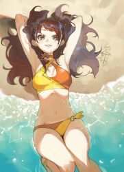 Rule 34 | 1girl, armpits, arms up, beach, bikini, brown eyes, brown hair, earrings, highres, jewelry, kujikawa rise, long hair, looking at viewer, meameeea, navel, ocean, parted lips, persona, persona 4, smile, solo, swimsuit, twitter username