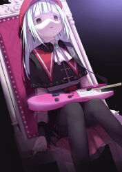 1girl absurdres ascot ave_mujica_(bang_dream!) bang_dream! bang_dream!_it&#039;s_mygo!!!!! beret black_background black_capelet black_skirt capelet chair chinese_commentary commentary_request dutch_angle earrings empty_eyes green_brooch green_hair grey_pantyhose guitar hat highres instrument jewelry long_hair long_sleeves looking_afar mortis_(bang_dream!) mortis_(costume)_(bang_dream!) on_chair open_hands open_mouth overskirt painnico pantyhose pleated_skirt red_hat schecter_guitar see-through_clothes see-through_sleeves sitting skirt solo spotlight wakaba_mutsumi white_ascot yellow_eyes