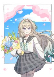 1girl bird bouquet bow bowtie checkered_bow checkered_bowtie checkered_clothes checkered_skirt cherry_blossoms collared_shirt firefly_(honkai:_star_rail) firefly_(jepella_rebellion)_(honkai:_star_rail) firefly_(spring_missive)_(honkai:_star_rail) flower gradient_eyes gradient_hair green_bow green_bowtie green_ribbon grey_hair grey_hairband grey_sailor_collar grey_skirt hair_between_eyes hair_intakes hair_ribbon hairband highres holding holding_bouquet honkai:_star_rail honkai_(series) long_hair long_sleeves multicolored_eyes multicolored_hair pixiv_username pleated_skirt ribbon sailor_collar shirt shiyufeng644801 skirt solo thighhighs white_shirt white_sleeves white_thighhighs