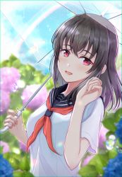 :d absurdres black_sailor_collar blue_flower blurry blurry_background brown_hair collared_shirt day daysss flower fujiwara_hajime hair_between_eyes highres holding holding_umbrella idolmaster idolmaster_cinderella_girls long_hair looking_at_viewer neckerchief open_mouth outdoors pink_flower red_eyes red_neckerchief sailor_collar sailor_shirt school_uniform serafuku shirt short_sleeves smile solo straight_hair transparent transparent_umbrella umbrella upper_body white_shirt