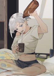 1girl 303_goushitsu_no_kamisama arm_up bare_shoulders beer_can black_camisole blue_eyes camisole can commentary_request crop_top cup denim denim_shorts drink_can funi_mu9 ghost glass_bottle highres holding holding_cup indian_style indoors kami-sama_(303_goushitsu_no_kamisama) midriff navel off-shoulder_shirt off_shoulder open_mouth pouring shirt short_hair shorts sitting solo white_hair white_shirt