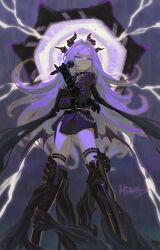 1girl alternate_costume black_gloves black_thighhighs blue_archive closed_mouth demon_girl demon_wings dress from_below gloves highres hina_(blue_archive) holding holding_microphone long_hair looking_at_viewer microphone purple_dress purple_eyes purple_hair solo thigh_strap thighhighs wings wucai_banlan_yu